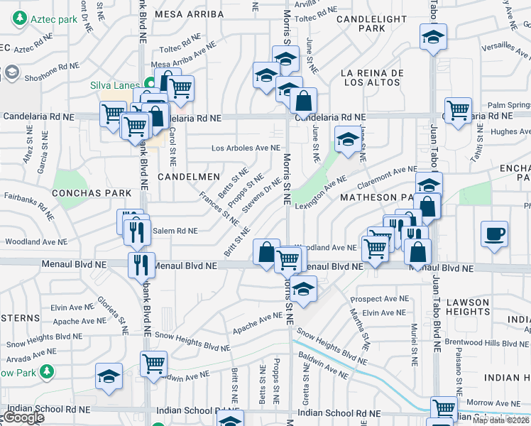 map of restaurants, bars, coffee shops, grocery stores, and more near 2509 Britt Street Northeast in Albuquerque