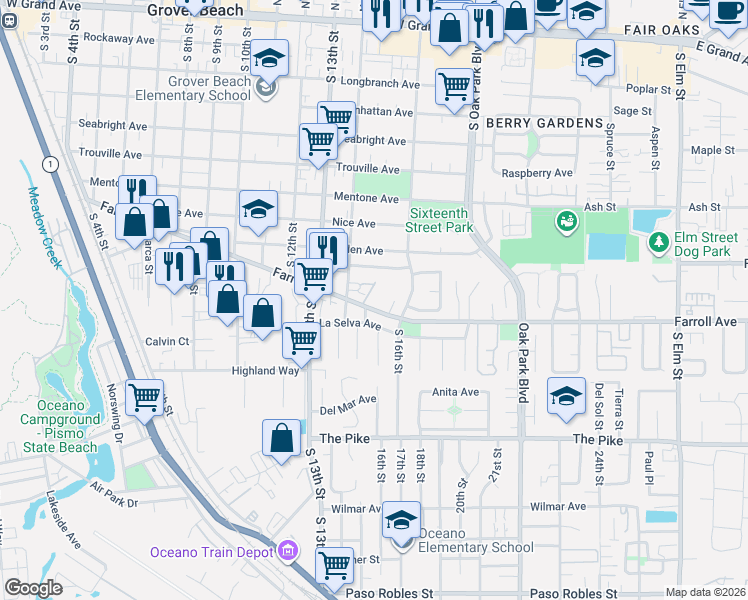 map of restaurants, bars, coffee shops, grocery stores, and more near 1483 Farroll Road in Grover Beach