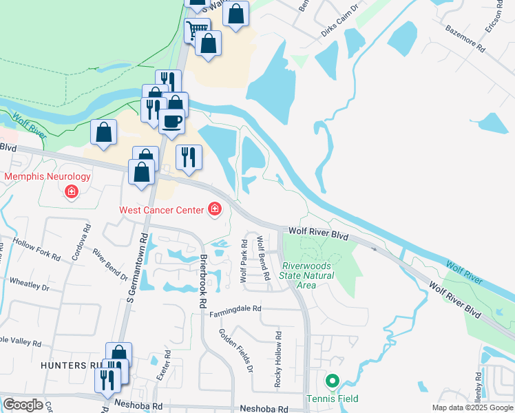 map of restaurants, bars, coffee shops, grocery stores, and more near 8000 Wolf River Boulevard in Germantown