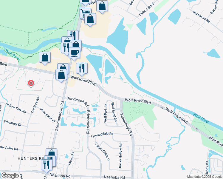 map of restaurants, bars, coffee shops, grocery stores, and more near 8000 Wolf River Boulevard in Germantown