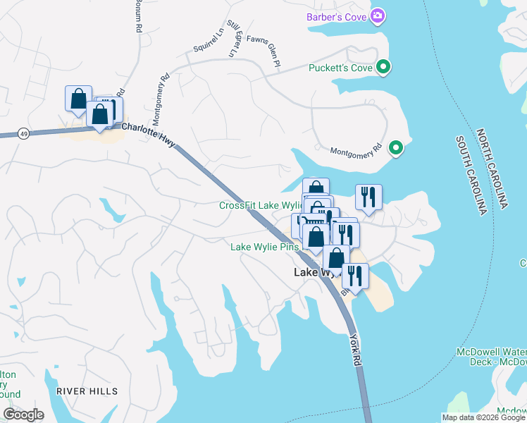 map of restaurants, bars, coffee shops, grocery stores, and more near 4140 Charlotte Highway in Lake Wylie