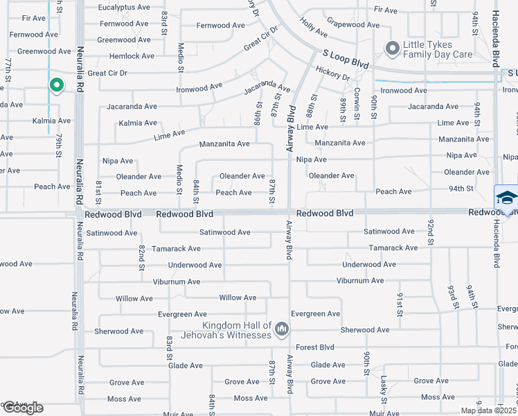 map of restaurants, bars, coffee shops, grocery stores, and more near Redwood Boulevard in California City