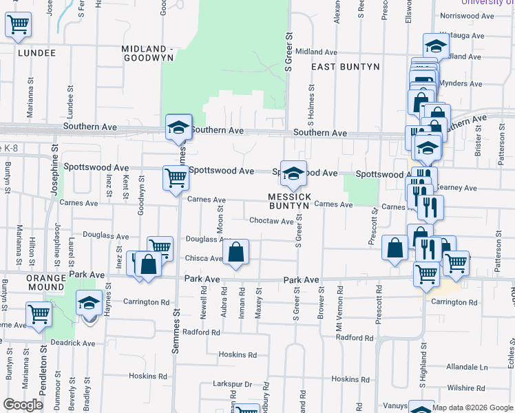 map of restaurants, bars, coffee shops, grocery stores, and more near 3174 Carnes Avenue in Memphis