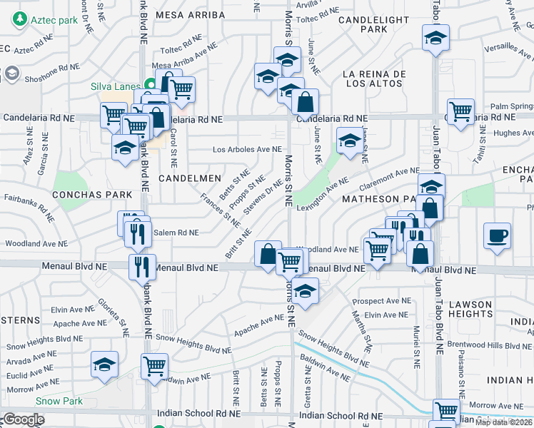 map of restaurants, bars, coffee shops, grocery stores, and more near 2509 Britt Street Northeast in Albuquerque