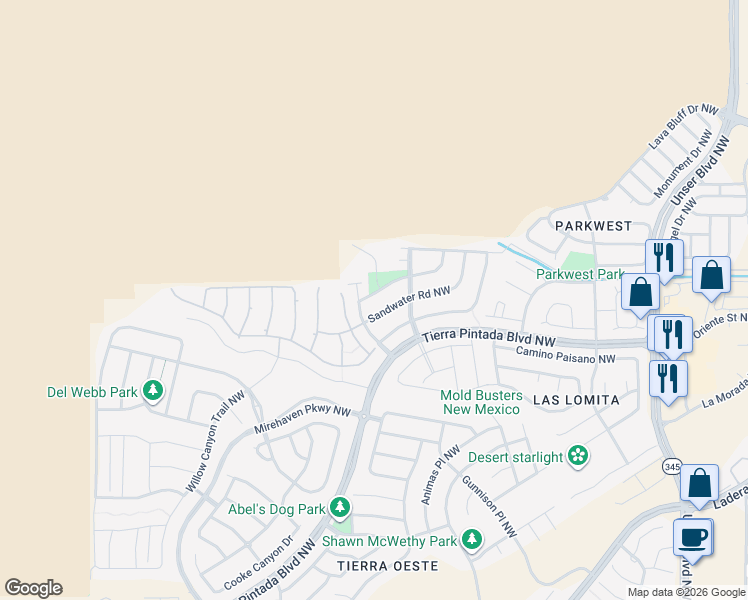 map of restaurants, bars, coffee shops, grocery stores, and more near 99999 Desert Rain Road Northwest in Albuquerque