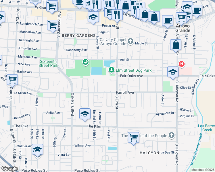 map of restaurants, bars, coffee shops, grocery stores, and more near 412A South Elm Street in Arroyo Grande