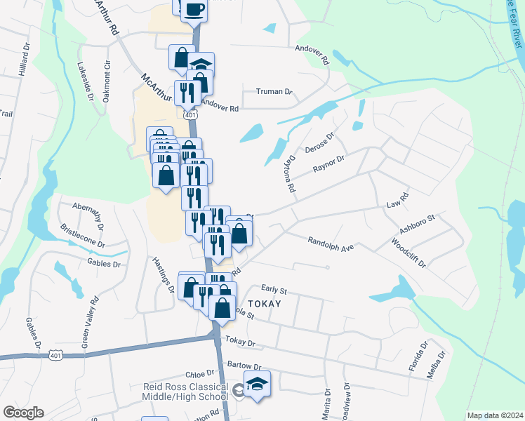 map of restaurants, bars, coffee shops, grocery stores, and more near 215 Longview Drive in Fayetteville