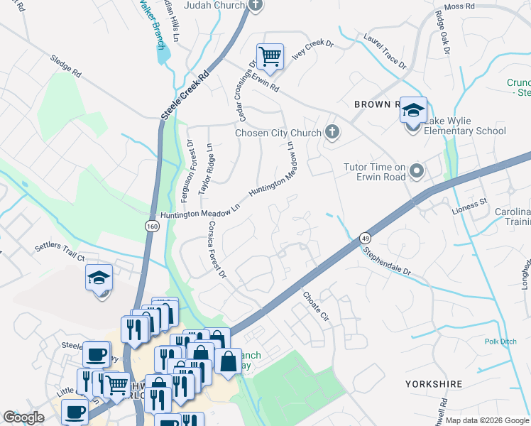 map of restaurants, bars, coffee shops, grocery stores, and more near 14968 Deshler Court in Charlotte