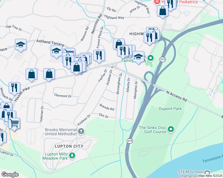 map of restaurants, bars, coffee shops, grocery stores, and more near 3960 Azalean Drive in Chattanooga