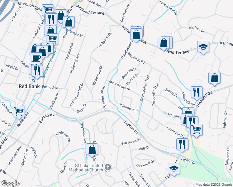 map of restaurants, bars, coffee shops, grocery stores, and more near 3641 Premium Drive in Chattanooga