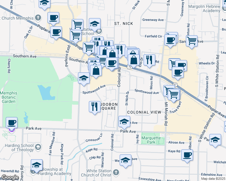 map of restaurants, bars, coffee shops, grocery stores, and more near 4780 Eagle Crest Drive in Memphis