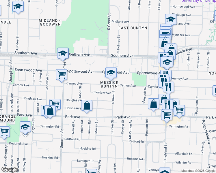 map of restaurants, bars, coffee shops, grocery stores, and more near 3200 Carnes Avenue in Memphis