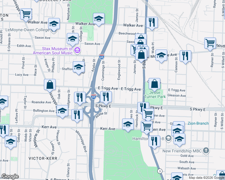 map of restaurants, bars, coffee shops, grocery stores, and more near 1267 Englewood Street in Memphis