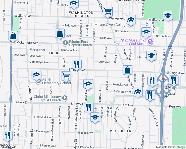 map of restaurants, bars, coffee shops, grocery stores, and more near 655 East Trigg Avenue in Memphis
