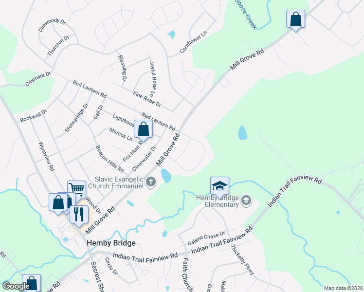 map of restaurants, bars, coffee shops, grocery stores, and more near 6479 Grovewood Trail in Indian Trail