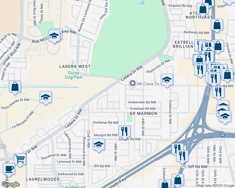 map of restaurants, bars, coffee shops, grocery stores, and more near 2440 Pomelo Place Northwest in Albuquerque