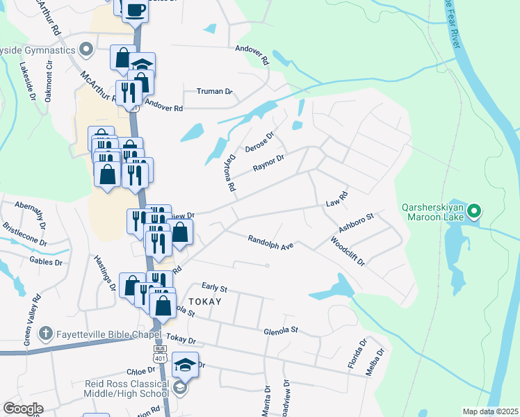 map of restaurants, bars, coffee shops, grocery stores, and more near 500 Longview Drive in Fayetteville
