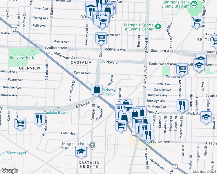 map of restaurants, bars, coffee shops, grocery stores, and more near 1250 Meda Street in Memphis