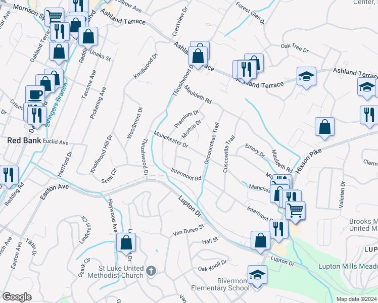 map of restaurants, bars, coffee shops, grocery stores, and more near 524 Manchester Drive in Chattanooga