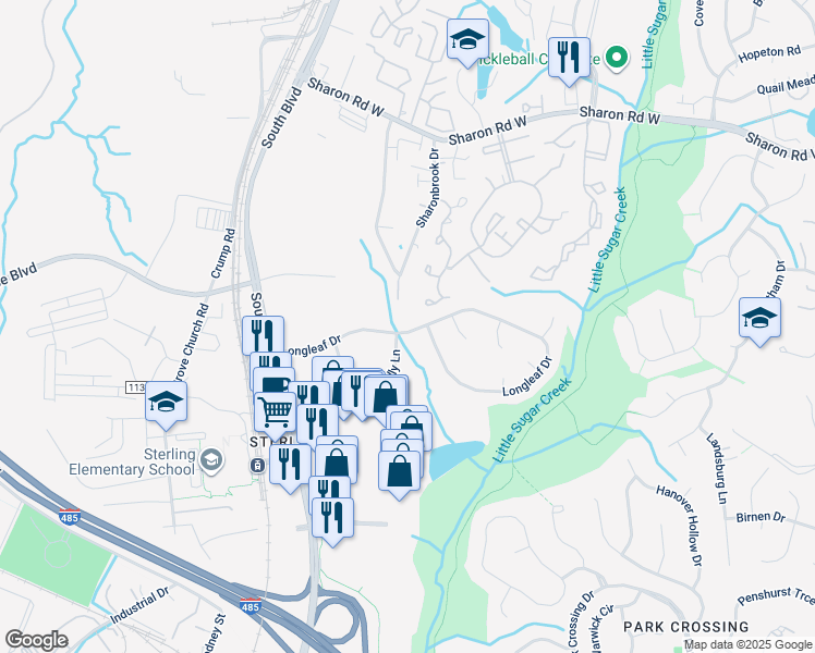 map of restaurants, bars, coffee shops, grocery stores, and more near 1707 Longleaf Drive in Charlotte