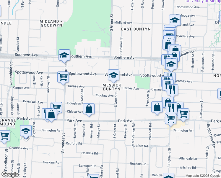 map of restaurants, bars, coffee shops, grocery stores, and more near 3200 Carnes Avenue in Memphis