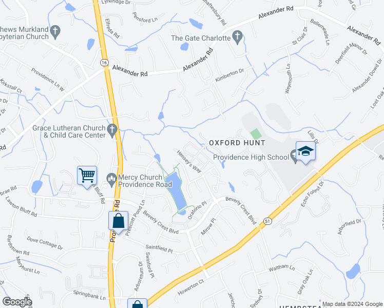 map of restaurants, bars, coffee shops, grocery stores, and more near 7017 Beverly Springs Drive in Charlotte