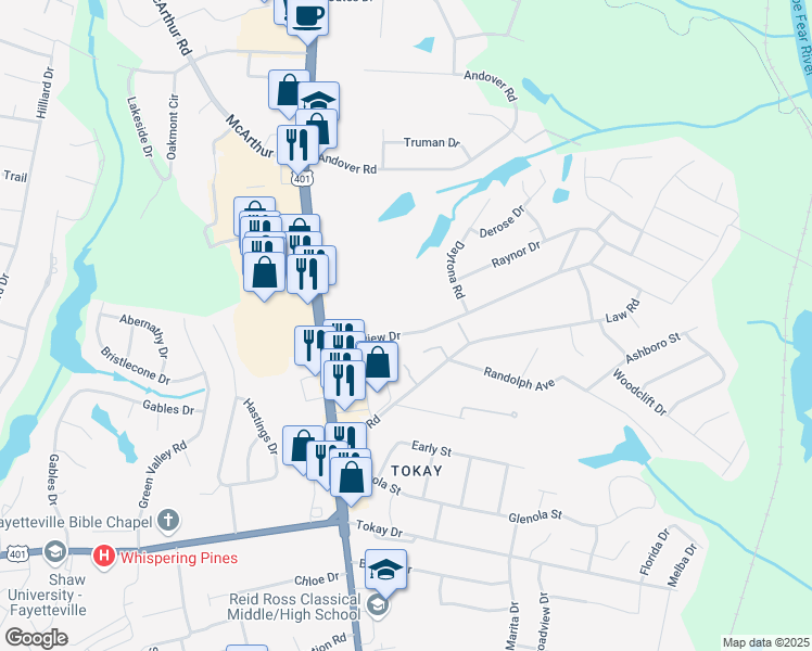 map of restaurants, bars, coffee shops, grocery stores, and more near 215 Longview Drive in Fayetteville