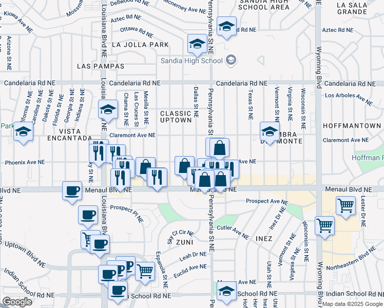 map of restaurants, bars, coffee shops, grocery stores, and more near 2721 Dallas Street Northeast in Albuquerque