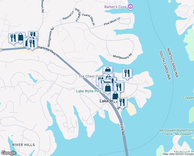 map of restaurants, bars, coffee shops, grocery stores, and more near 4140 Charlotte Highway in Lake Wylie