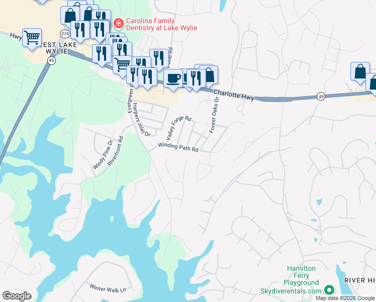 map of restaurants, bars, coffee shops, grocery stores, and more near 268 Autumn Leaf Lane in Clover