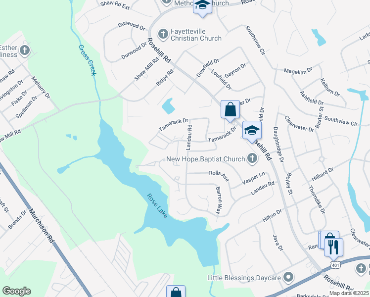 map of restaurants, bars, coffee shops, grocery stores, and more near 745 Tamarack Drive in Fayetteville