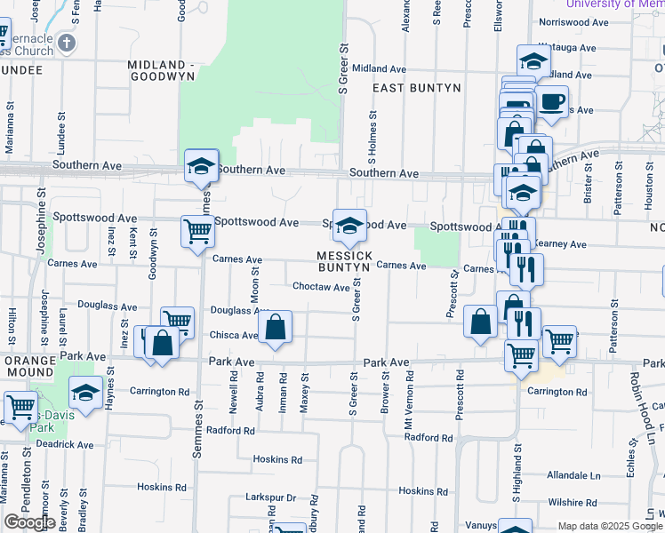 map of restaurants, bars, coffee shops, grocery stores, and more near 3219 Carnes Avenue in Memphis