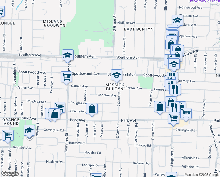 map of restaurants, bars, coffee shops, grocery stores, and more near 3200 Carnes Avenue in Memphis