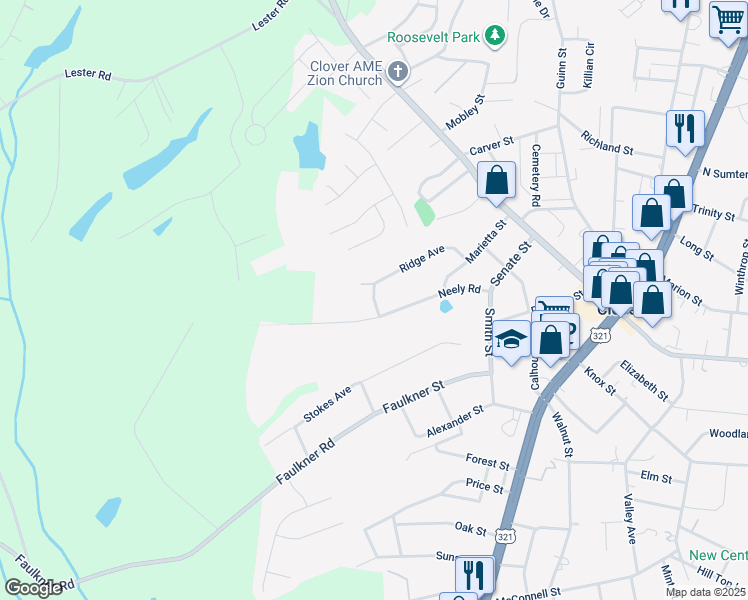 map of restaurants, bars, coffee shops, grocery stores, and more near Patterson Street in Clover