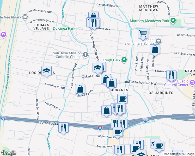 map of restaurants, bars, coffee shops, grocery stores, and more near 2436 Zickert Road Northwest in Albuquerque