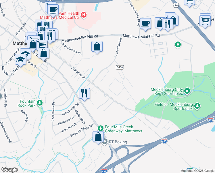 map of restaurants, bars, coffee shops, grocery stores, and more near 222 Amir Circle in Matthews