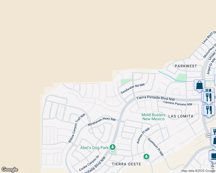 map of restaurants, bars, coffee shops, grocery stores, and more near 2351 Woods Wash Trail NW in Albuquerque