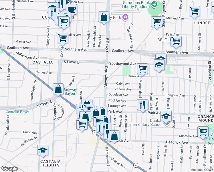 map of restaurants, bars, coffee shops, grocery stores, and more near 1233 Airways Boulevard in Memphis