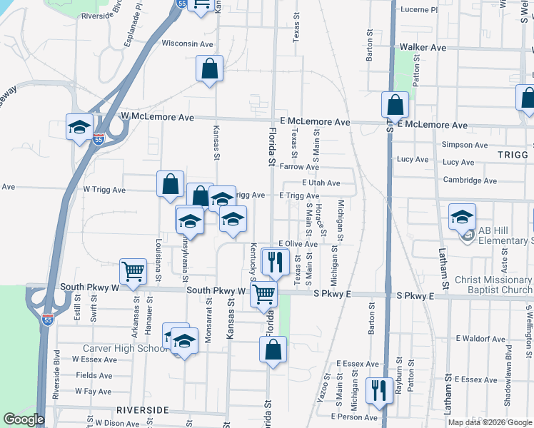 map of restaurants, bars, coffee shops, grocery stores, and more near 1294 Kentucky Street in Memphis