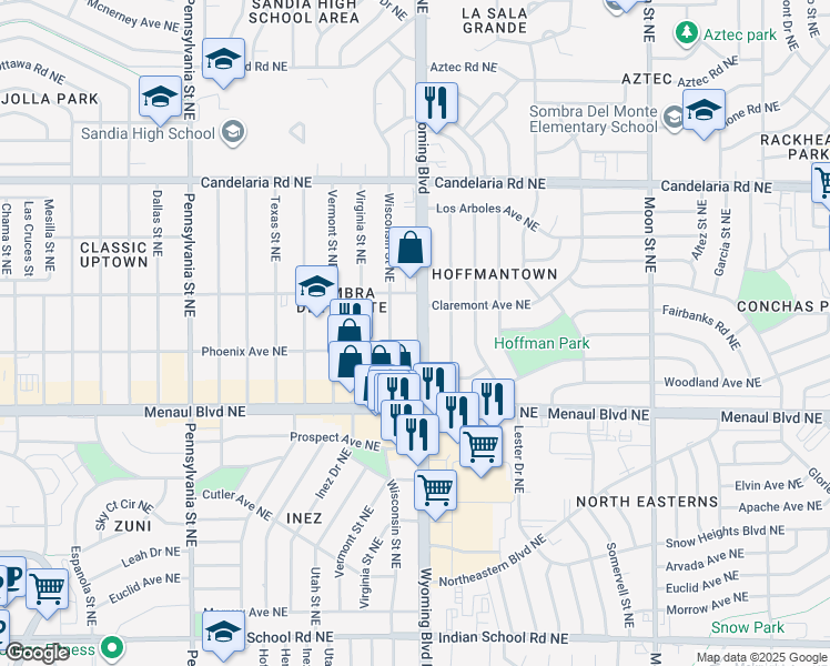 map of restaurants, bars, coffee shops, grocery stores, and more near 2421 Wyoming Boulevard Northeast in Albuquerque