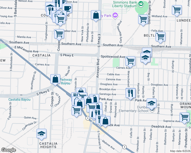 map of restaurants, bars, coffee shops, grocery stores, and more near 1233 Airways Boulevard in Memphis