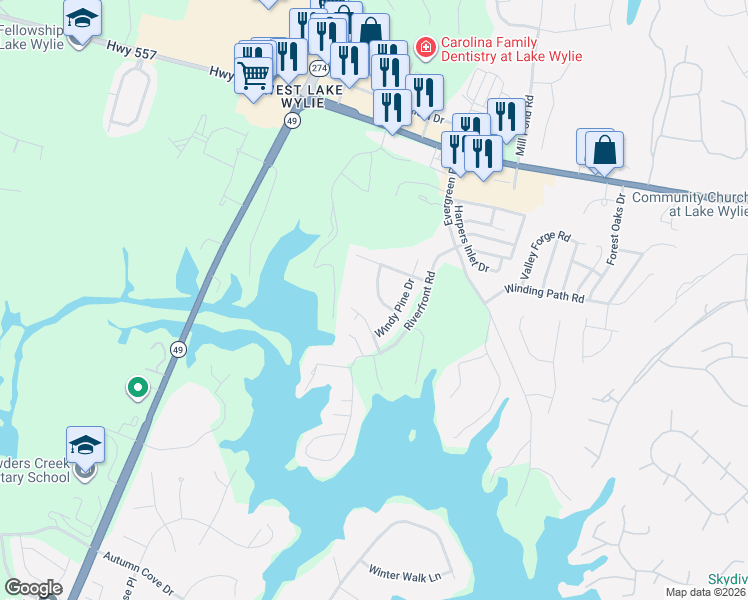 map of restaurants, bars, coffee shops, grocery stores, and more near 529 Spruce Hollow Lane in Lake Wylie