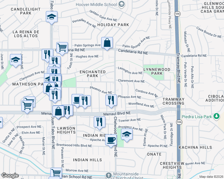 map of restaurants, bars, coffee shops, grocery stores, and more near 2509 Chelwood Park Boulevard Northeast in Albuquerque