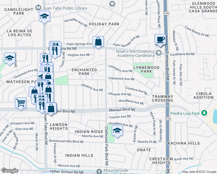 map of restaurants, bars, coffee shops, grocery stores, and more near 2525 Georgene Drive Northeast in Albuquerque