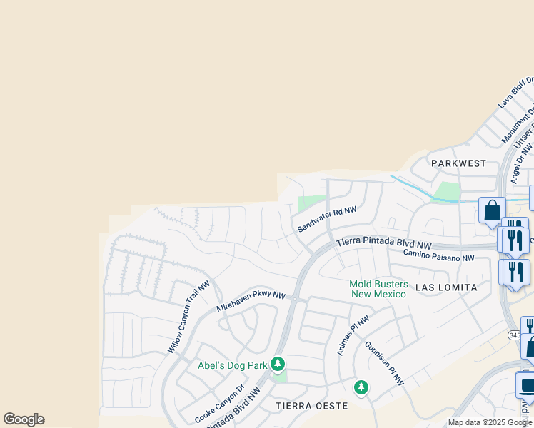 map of restaurants, bars, coffee shops, grocery stores, and more near 2351 Woods Wash Trail NW in Albuquerque