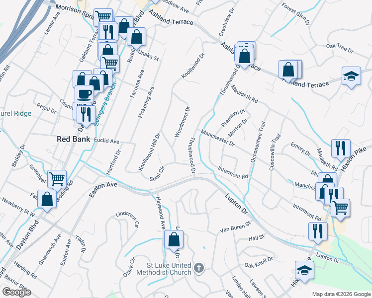 map of restaurants, bars, coffee shops, grocery stores, and more near 3638 Thrushwood Drive in Chattanooga