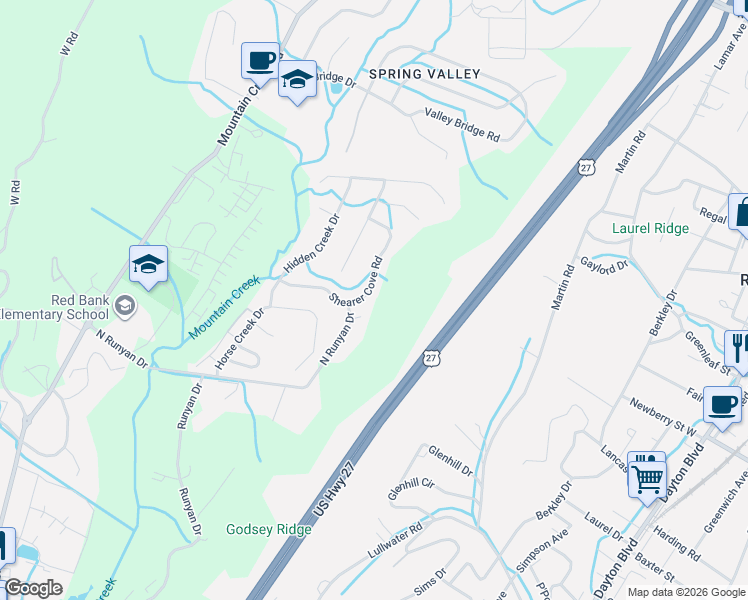 map of restaurants, bars, coffee shops, grocery stores, and more near 740 Shearer Cove Road in Chattanooga