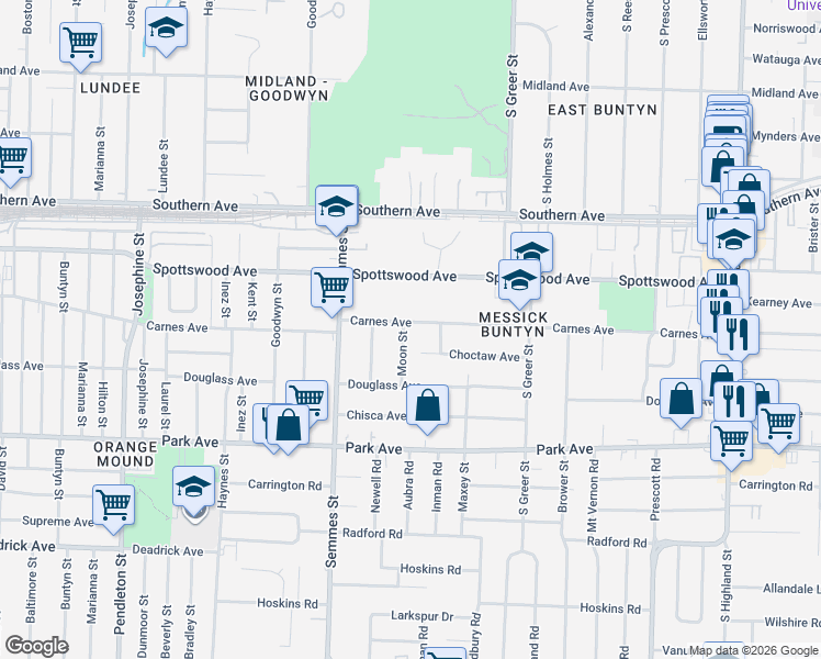 map of restaurants, bars, coffee shops, grocery stores, and more near 3128 Carnes Avenue in Memphis