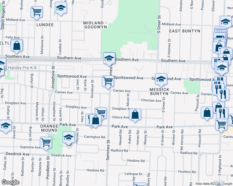 map of restaurants, bars, coffee shops, grocery stores, and more near 3042 Carnes Avenue in Memphis