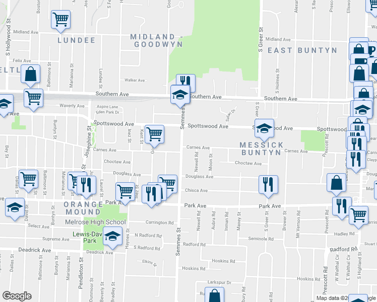 map of restaurants, bars, coffee shops, grocery stores, and more near 3042 Carnes Avenue in Memphis